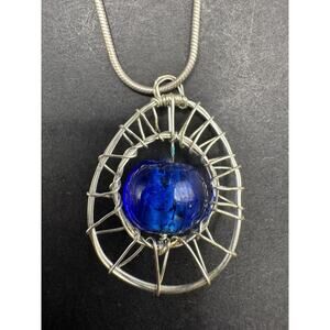 VTG Sterling Silver 925 Signed & Blue Glass Wire Wrapped Pendant Necklace